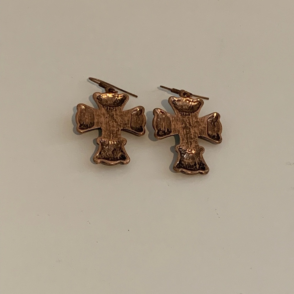 Cross Turquoise & Copper Colored Earrings Western Country Boho Casual - Picture 3 of 3